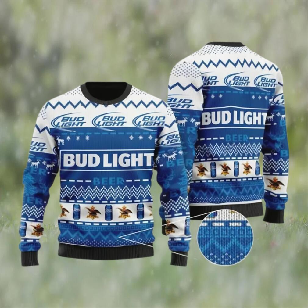 Bud light beer white blue color ugly christmas sweater, faux wool sweater, international beer day, gifts for beer lovers, best christmas gifts for 2022 ? prinvity Christmas Ugly Sweater