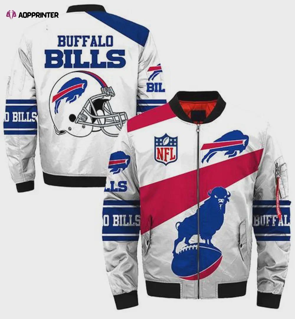 Buffalo bills buffalo with ball and helmet logo pattern bomber jacket – blue white Bomber Jacket