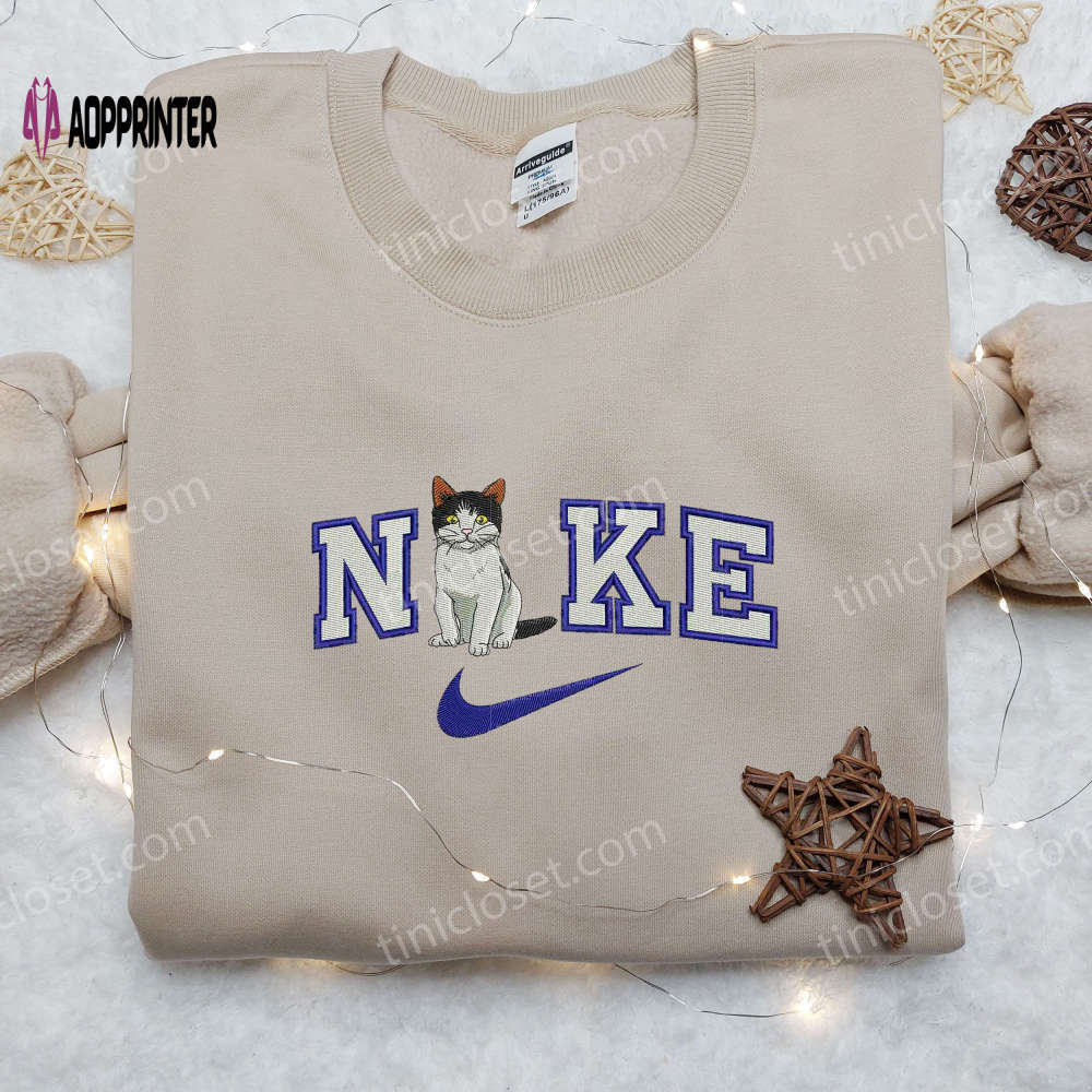 Cat sit x nike swoosh embroidered shirt – custom animal shirt Embroidered Shirt