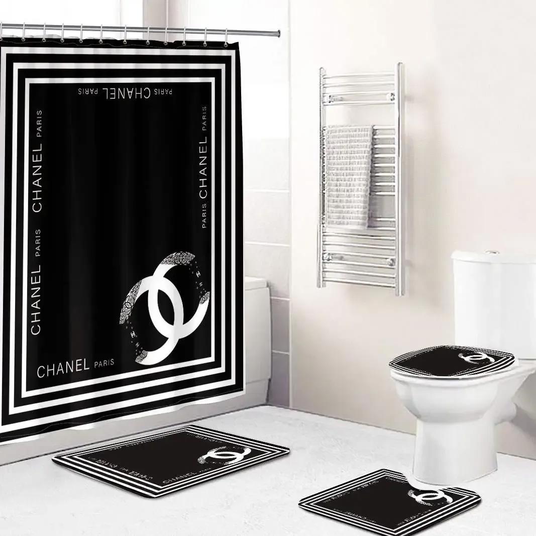 Chanel black and whitestripe bathroom set bath mat hypebeast luxury fashion brand home decor Bathroom Set