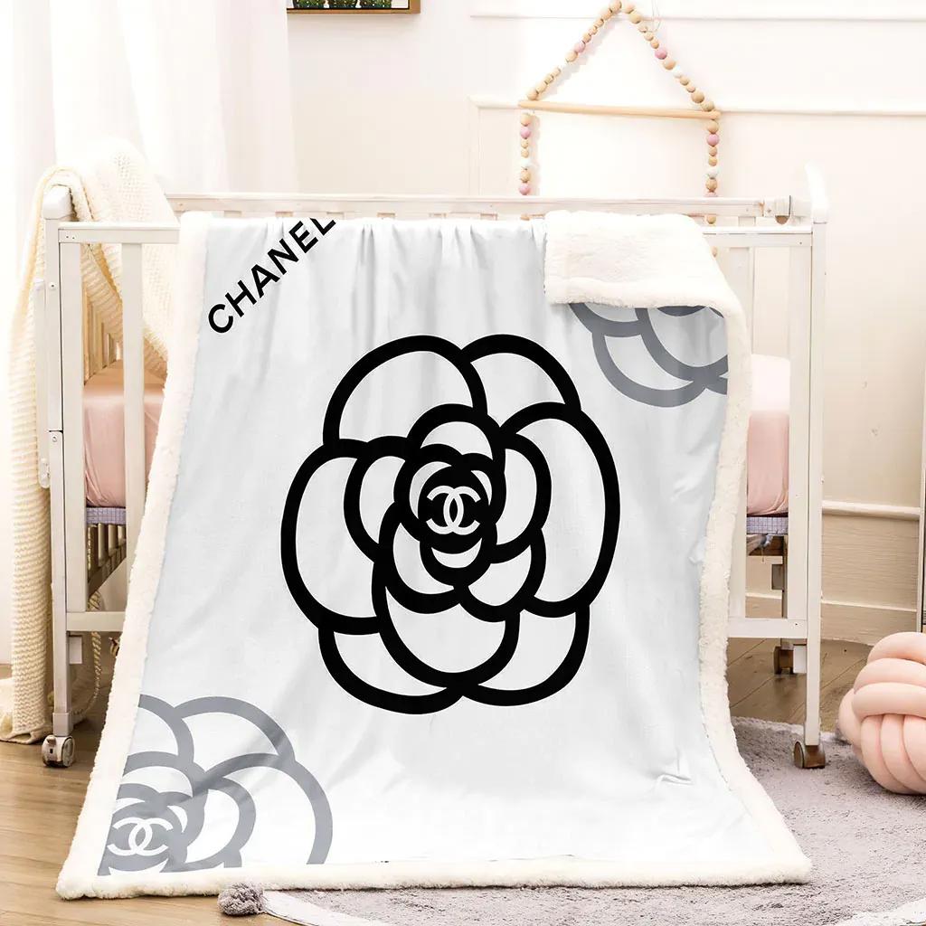 Chanel black flower white luxury brand premium blanket fleece home decor 17 Blanket Fleece