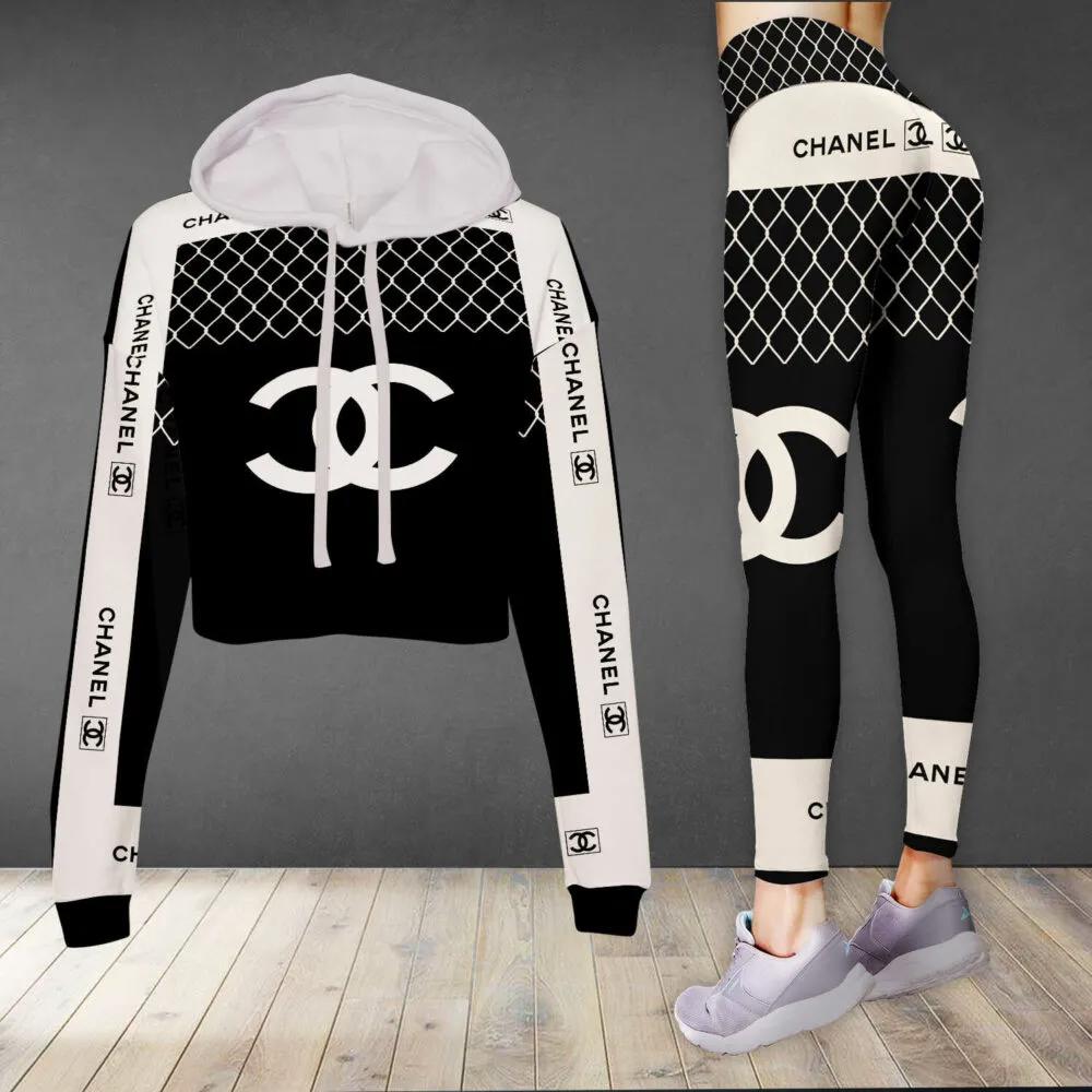 Chanel luxury brand clothes leggings and crop top set for women Croptop Hoodie Legging Set