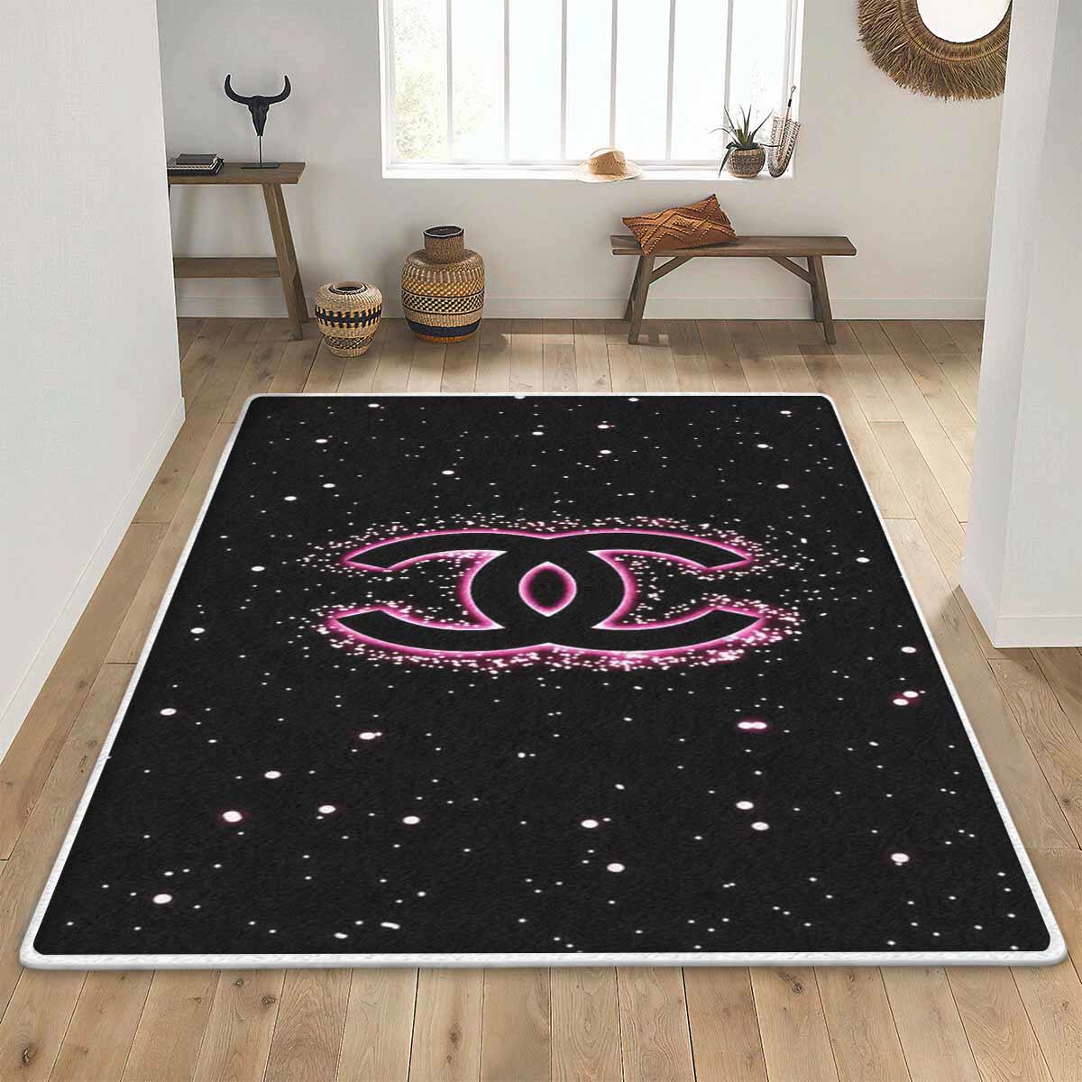 Chanel sparkle logo type 690. Upgrade Your Living Room with Luxury Home Decor: Area Carpets, Floor Decor, Door Mats, and Hot Gift Items with style a High-End Fashion Brand Rectangle Rug