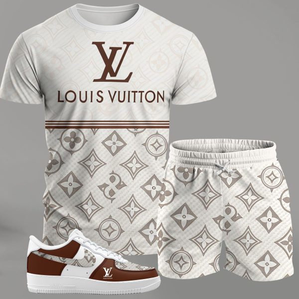Cream monogram streetwear set for men, logo-print t-shirt and matching shorts with brown accent sneakers T-Shirt Short Sneakers Set