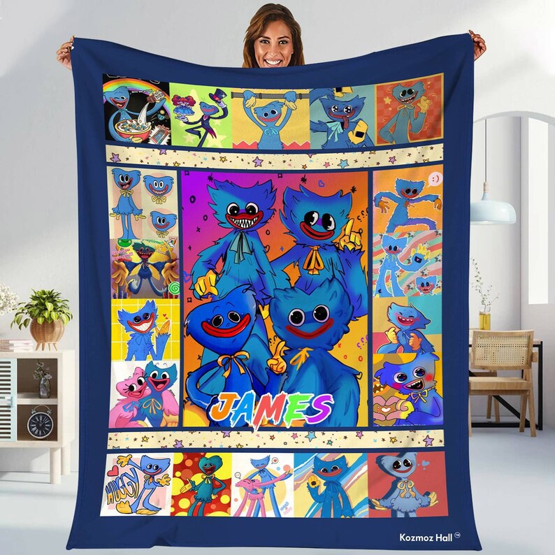 Custom huggy wuggy poppy playtime fleece blanket, personalized kissy missy blanket, huggy wuggy blanket, birthday gifts, couch sofa blanket Quilt Blanket