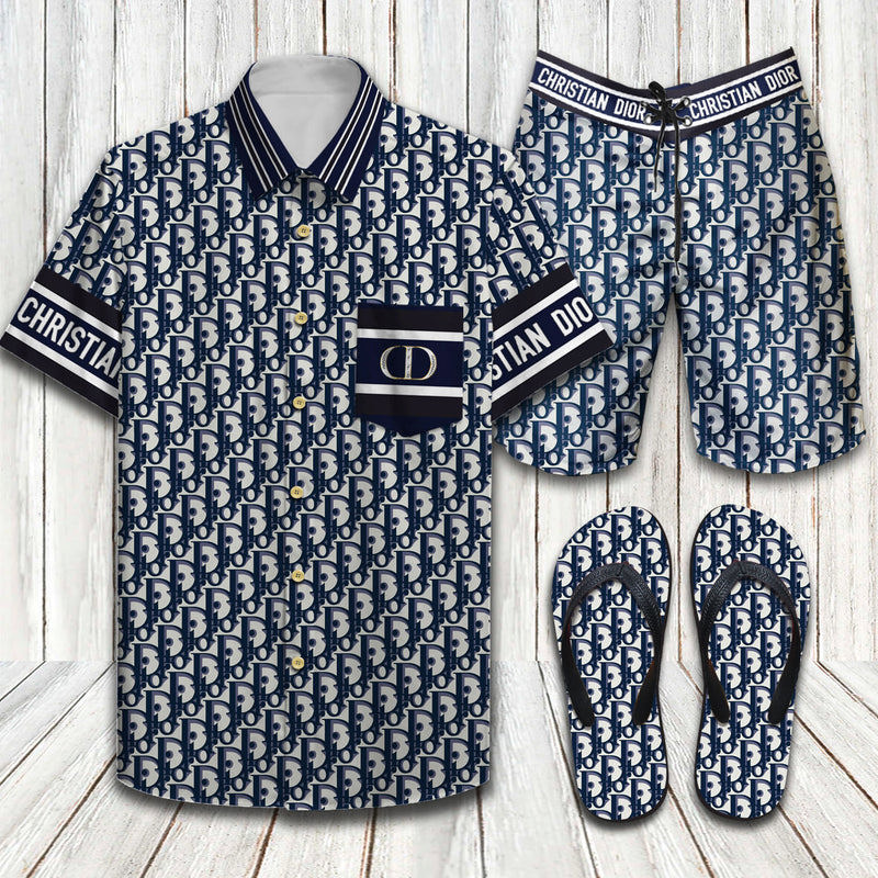 Dior logo pattern luxury brand hawaiian shirt shorts and flip flops combo Hawaii Shirt Shorts & Flip Flops