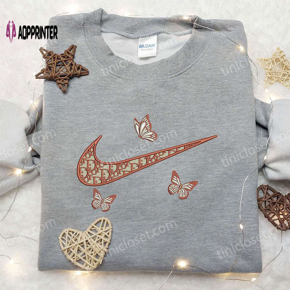 Dior orange butterfly x nike embroidered shirt: custom gift for husband stylish & unique nike shirt Embroidered Shirt