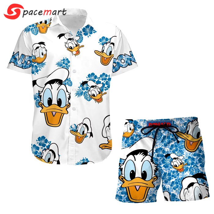 Donald duck hibiscus summer tropical print disney hawaiian button down shirt shorts set unisex outfits Hawaii Shirt Shorts & Flip Flops