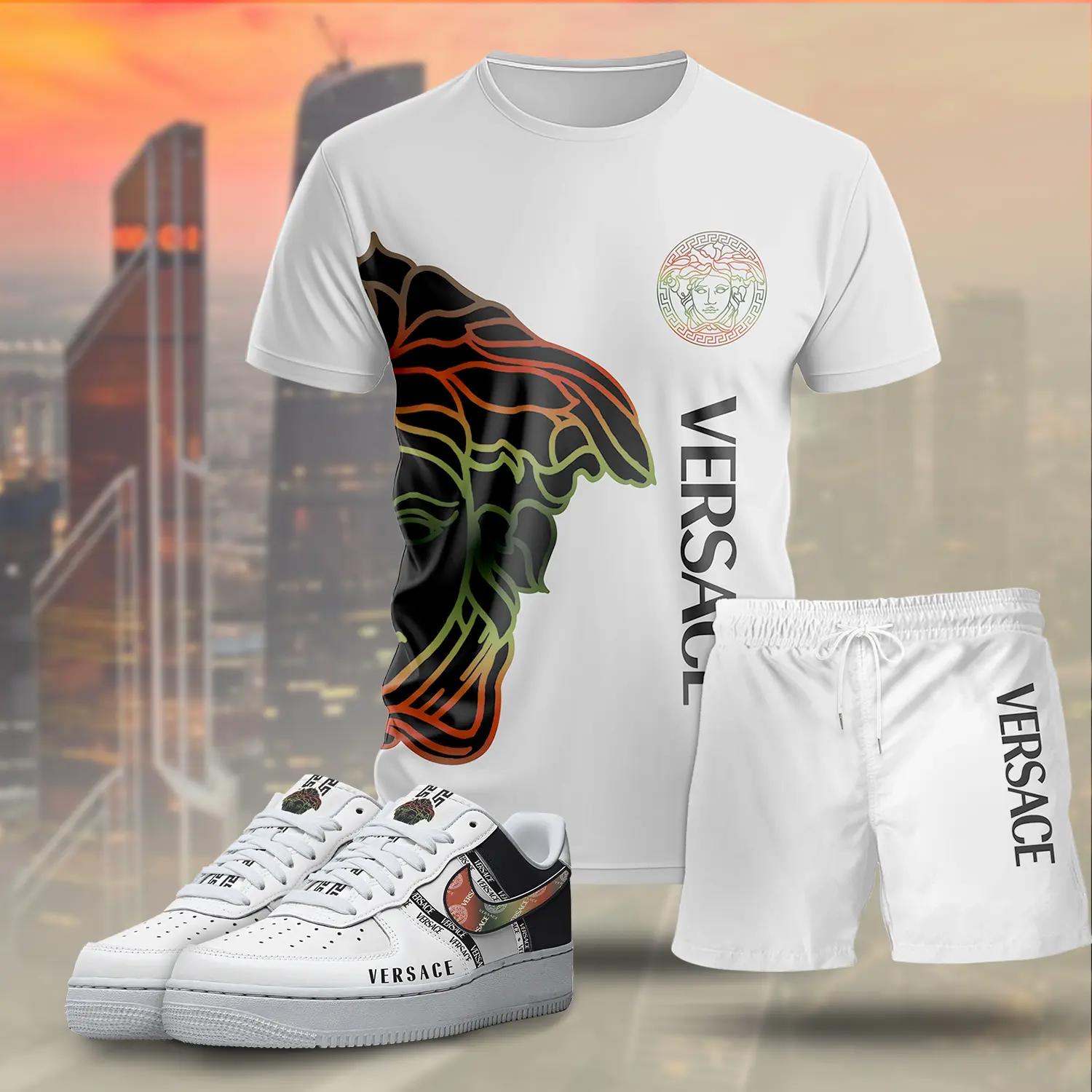 For the girls who love bold graphic contrast, abstract wing print tee outfit t-shirt – white with multicolor design | casual everyday outfit aesthetic ideas T-Shirt Short Sneakers Set