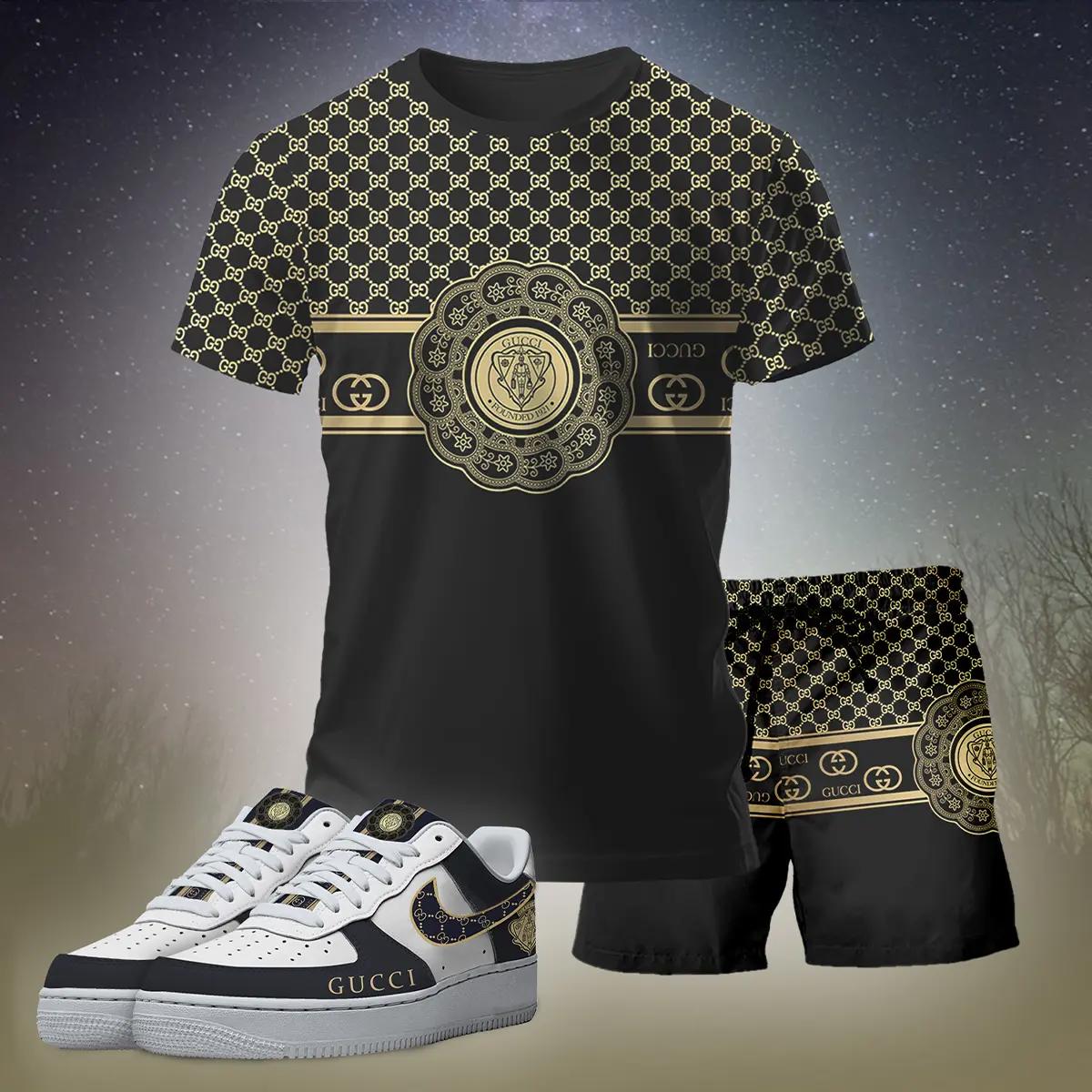 For the girls who love bold luxe black fits, minimal gold graphic tee outfit t-shirt – black monogram print | clean girl aesthetic outfit ideas T-Shirt Short Sneakers Set