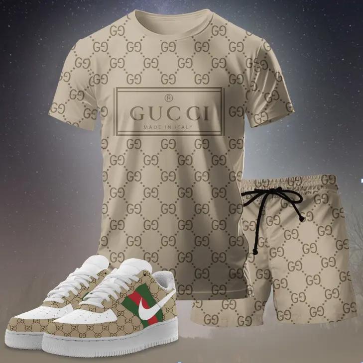 For the girls who love neutral designer vibes, minimal graphic tee outfit t-shirt – beige monogram logo print | casual everyday outfit aesthetic ideas T-Shirt Short Sneakers Set
