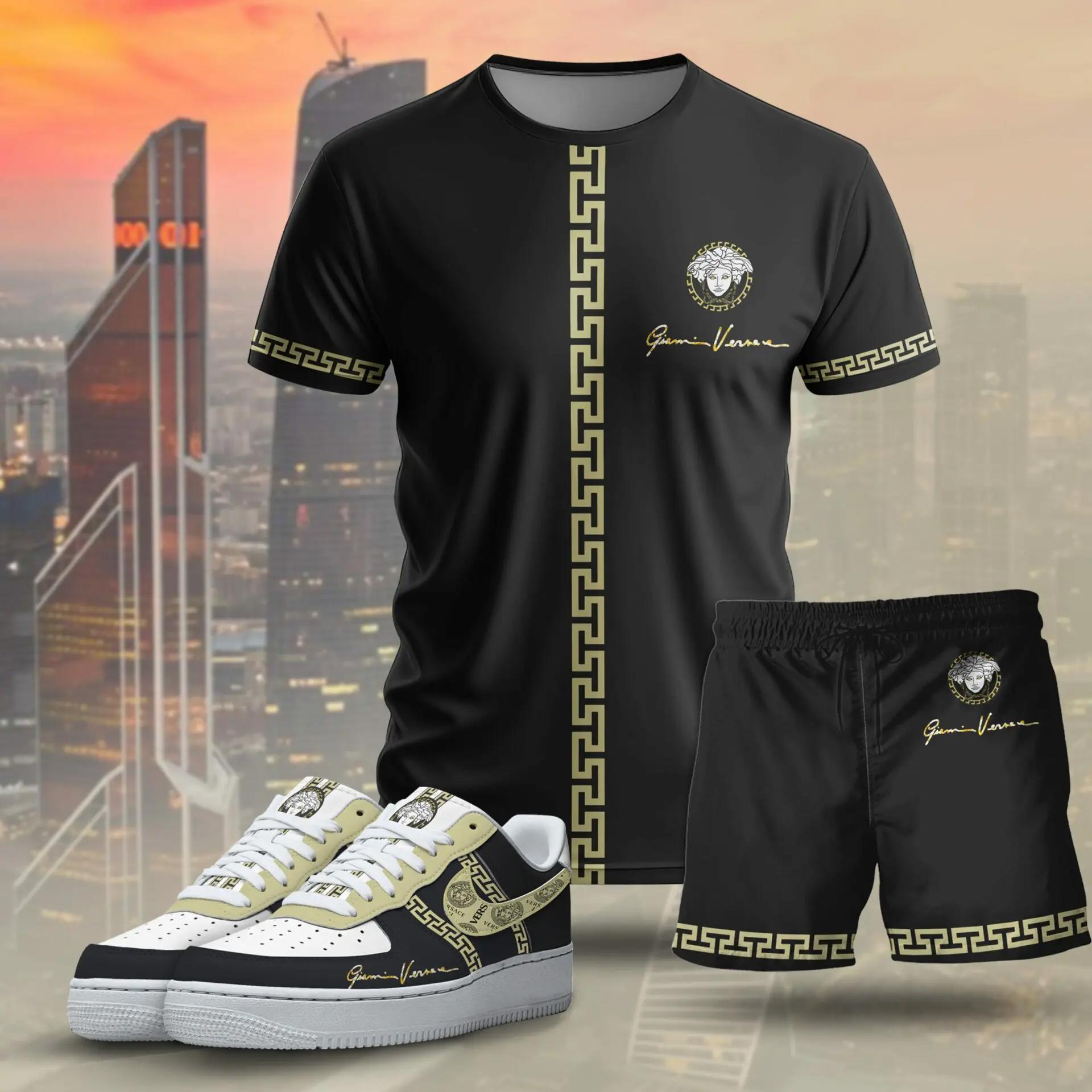 For the girls who love quiet luxury streetwear, versace graphic tee set – black gold minimal casual everyday outfit T-Shirt Short Sneakers Set