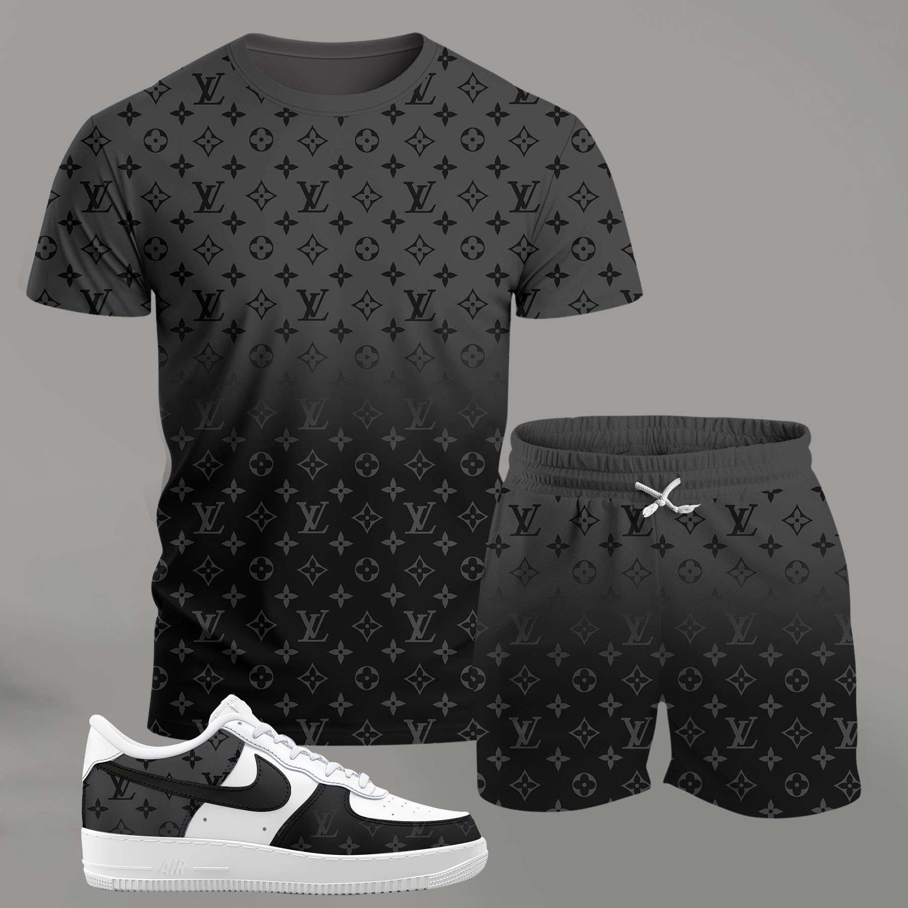 For the girls who love sleek monochrome streetwear, all-over pattern black gradient outfit t-shirt set | minimal aesthetic everyday wear T-Shirt Short Sneakers Set