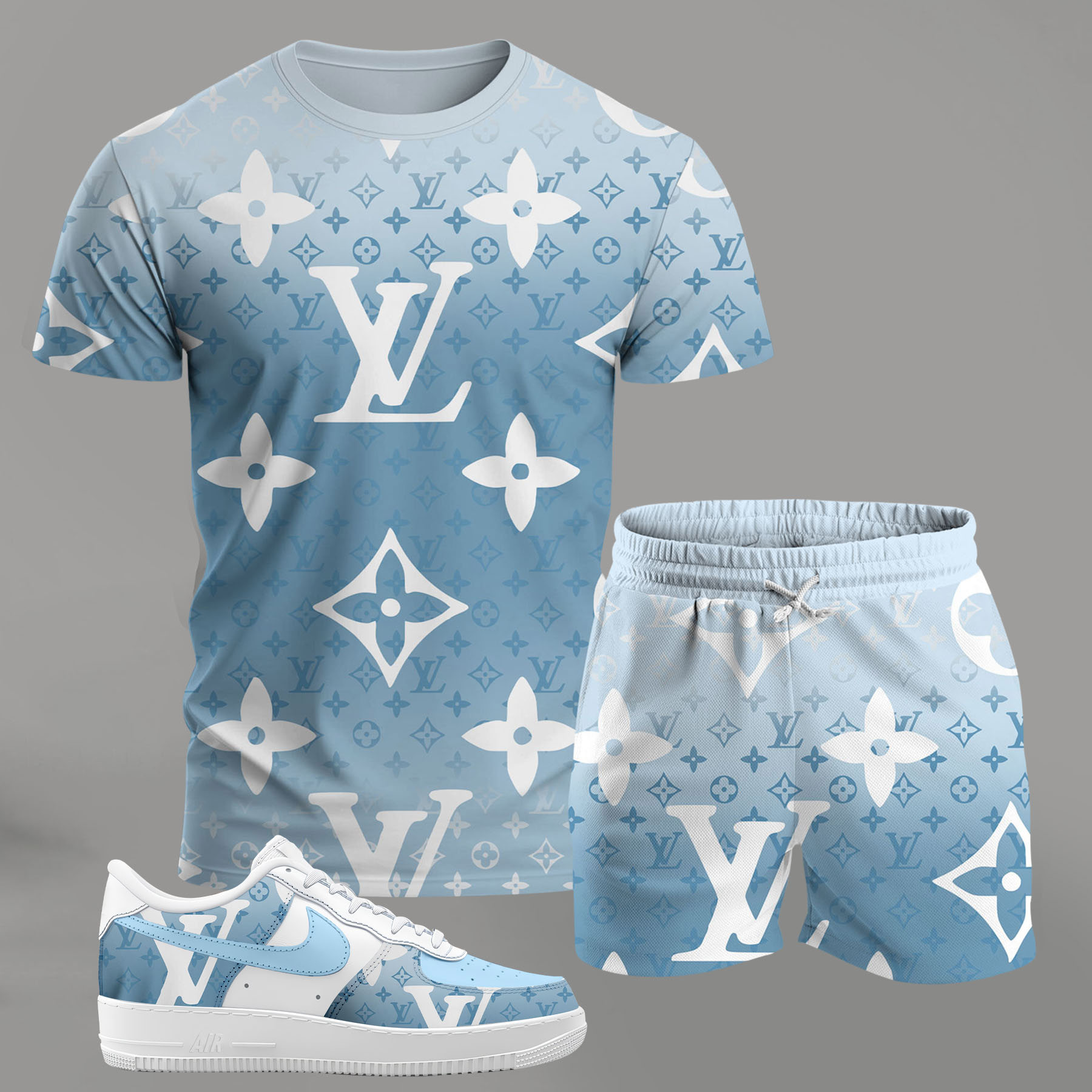 For the girls who love soft pastel streetwear, blue monogram pattern outfit t-shirt set | minimal aesthetic everyday wear T-Shirt Short Sneakers Set