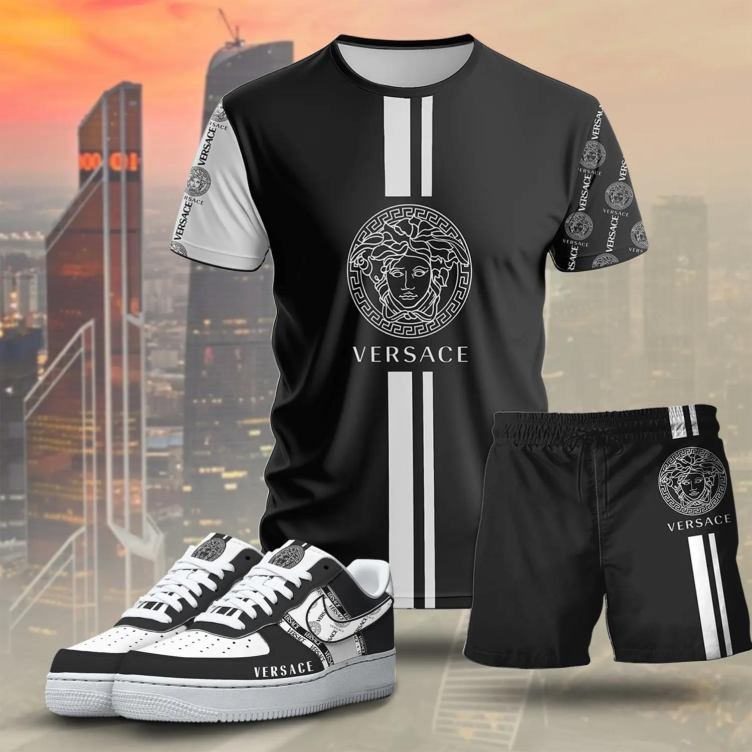 For the girls who love sporty luxury streetwear, versace graphic tee set – black minimal casual everyday outfit ideas T-Shirt Short Sneakers Set