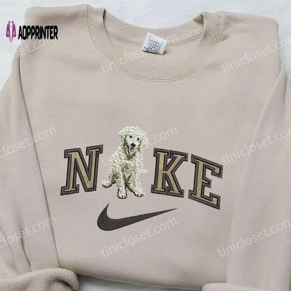 Golden retriever x nike embroidered shirt: custom animal tee for trendy nike fans! Embroidered Shirt
