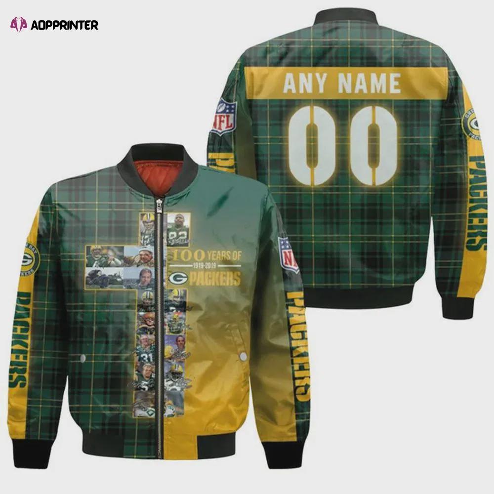 Green bay packers 100 years with custom name number bomber jacket – green and yellow Bomber Jacket