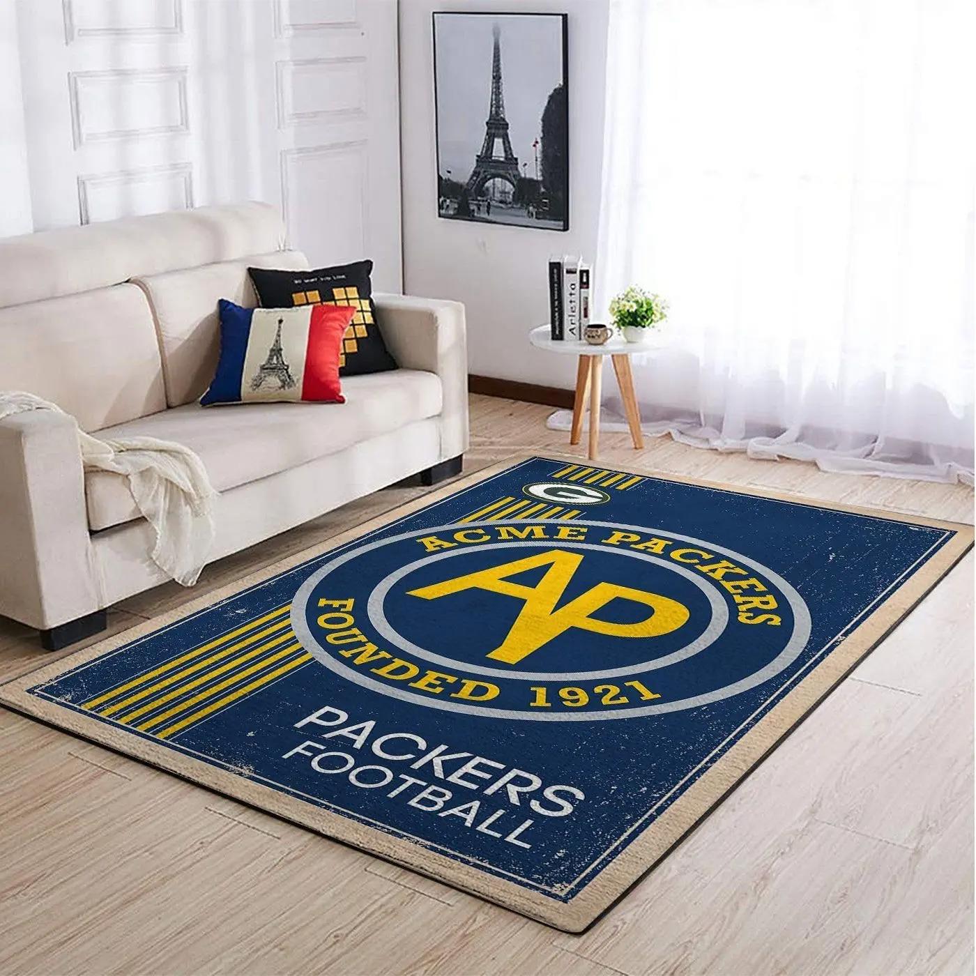 Green bay packers nfl retro style living room sports rug regtangle carpe Rectangle Rug