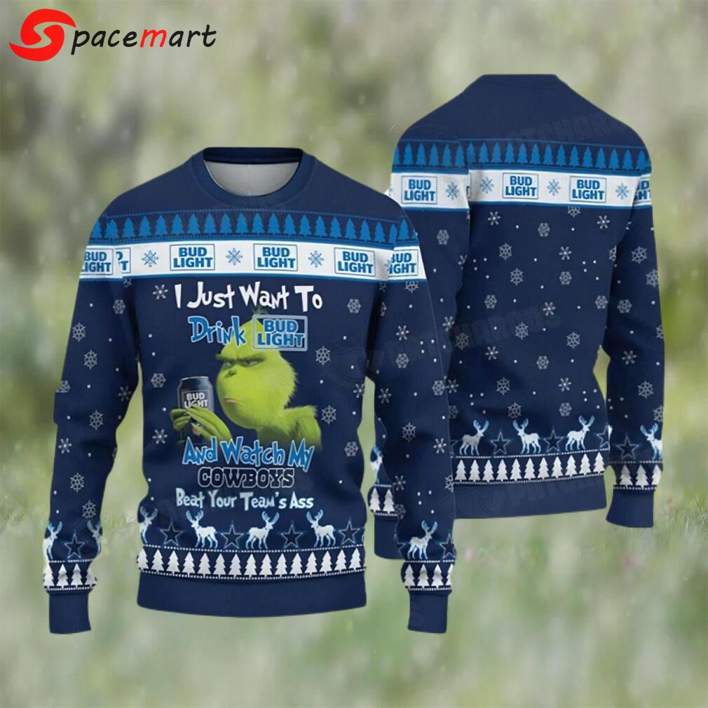 Grinch drink bud light and watch my cowboys ugly christmas sweater funny gift Christmas Ugly Sweater