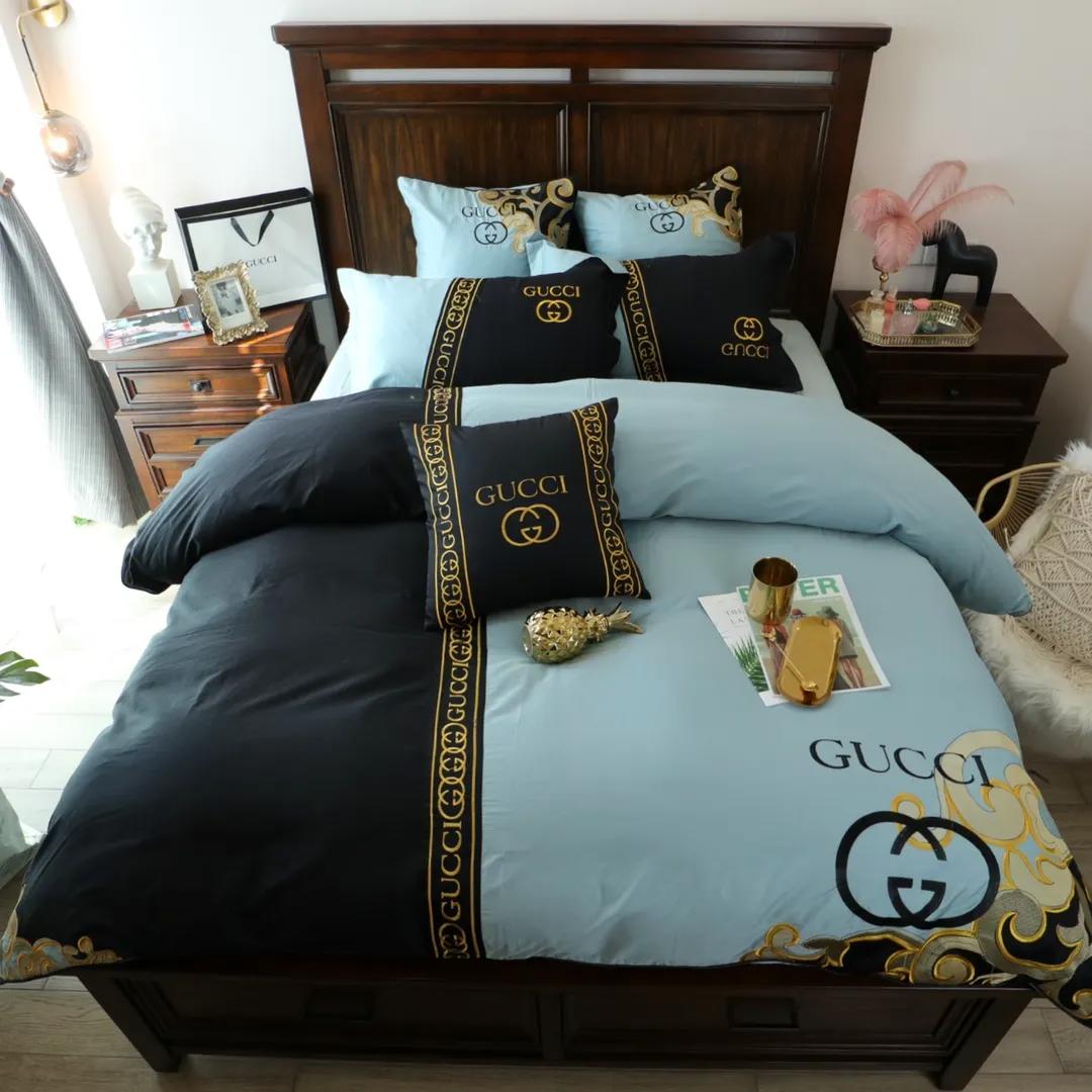 Gucci black and blue luxury brand bedding sets bedspread duvet cover set, bedroom decor , thanksgiving decorations for home Bedding Sets