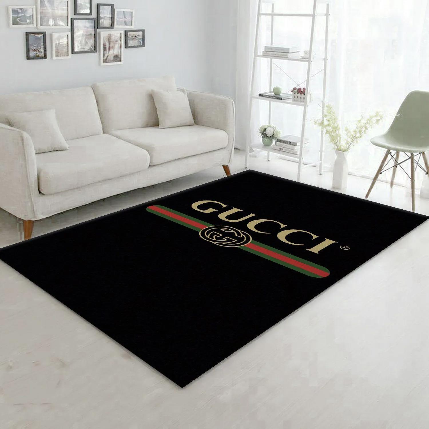 Gucci black logo type 1050. Upgrade Your Living Room with Luxury Home Decor: Area Carpets, Floor Decor, Door Mats, and Hot Gift Items with style a High-End Fashion Brand Rectangle Rug