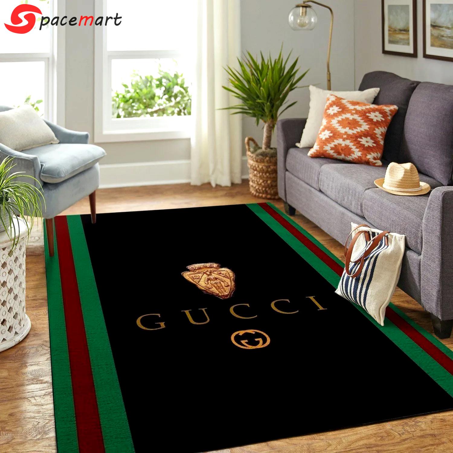 Gucci black logo type 267. Upgrade Your Living Room with Luxury Home Decor: Area Carpets, Floor Decor, Door Mats, and Hot Gift Items with style a High-End Fashion Brand Rectangle Rug