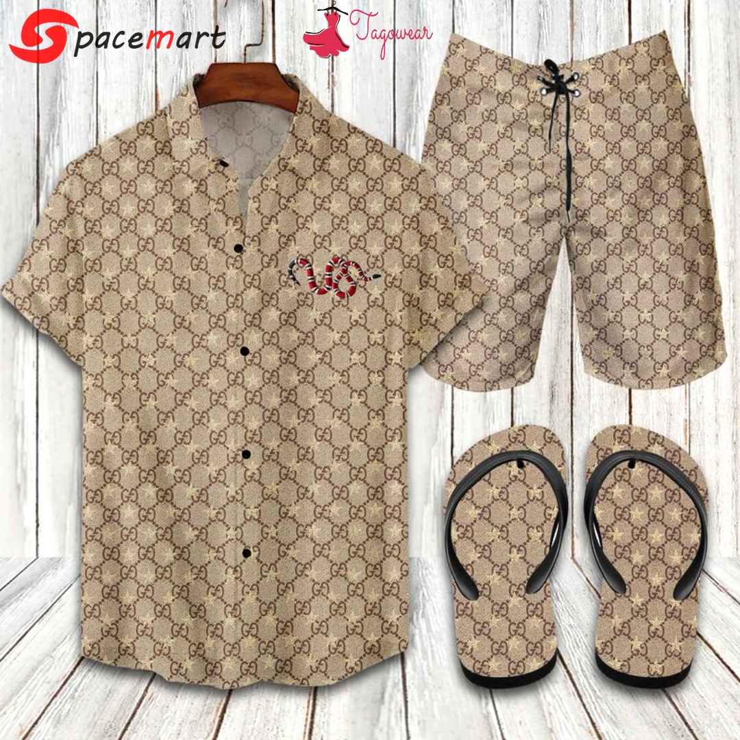 Gucci flip flops and combo hawaiian shirt, beach shorts luxury summer clothes style #338 Hawaii Shirt Shorts & Flip Flops