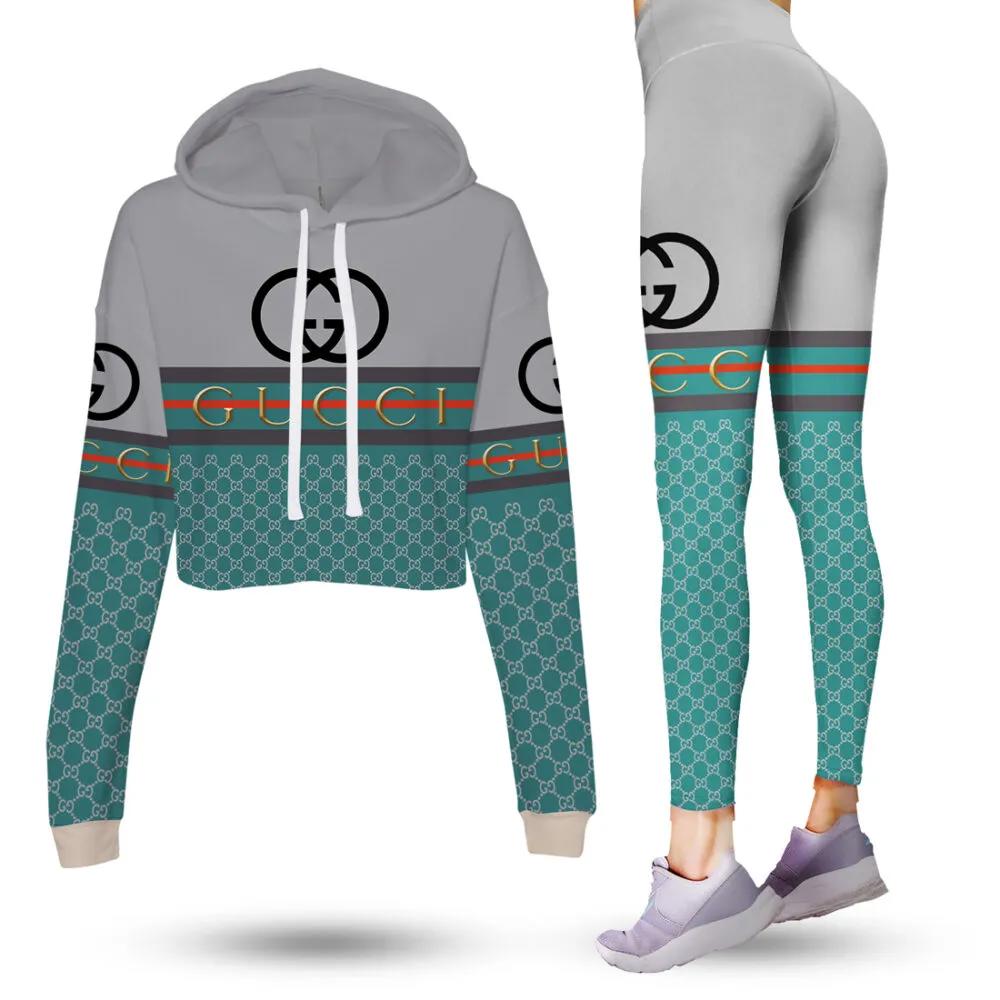 Gucci grey light blue luxury brand clothes leggings and crop top set for women Croptop Hoodie Legging Set