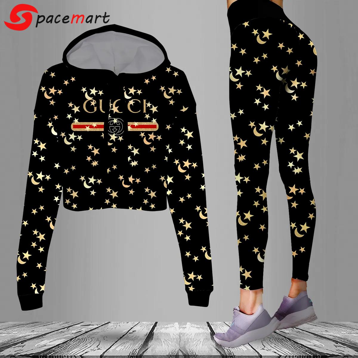 Gucci moon star black luxury brand clothes leggings and crop top set for women Croptop Hoodie Legging Set
