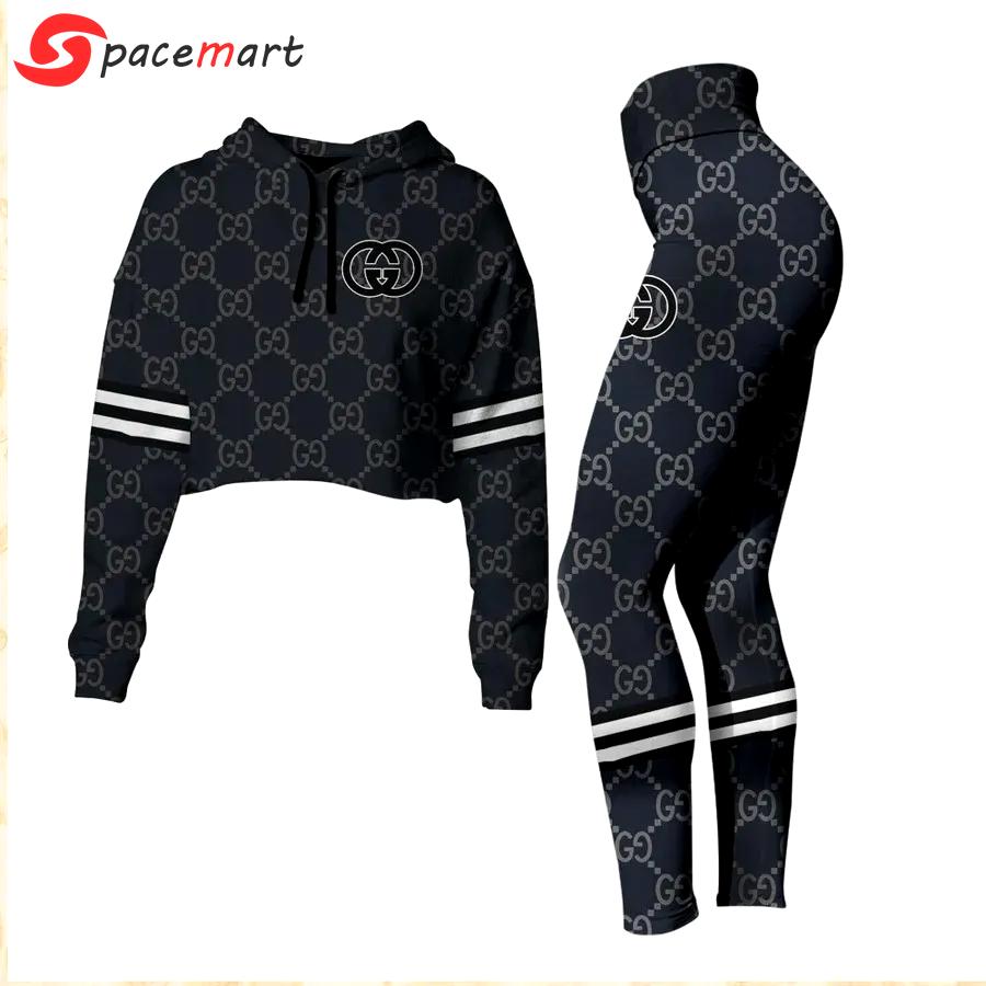 Gucci navy luxury brand clothes premium leggings and crop top set for women Croptop Hoodie Legging Set