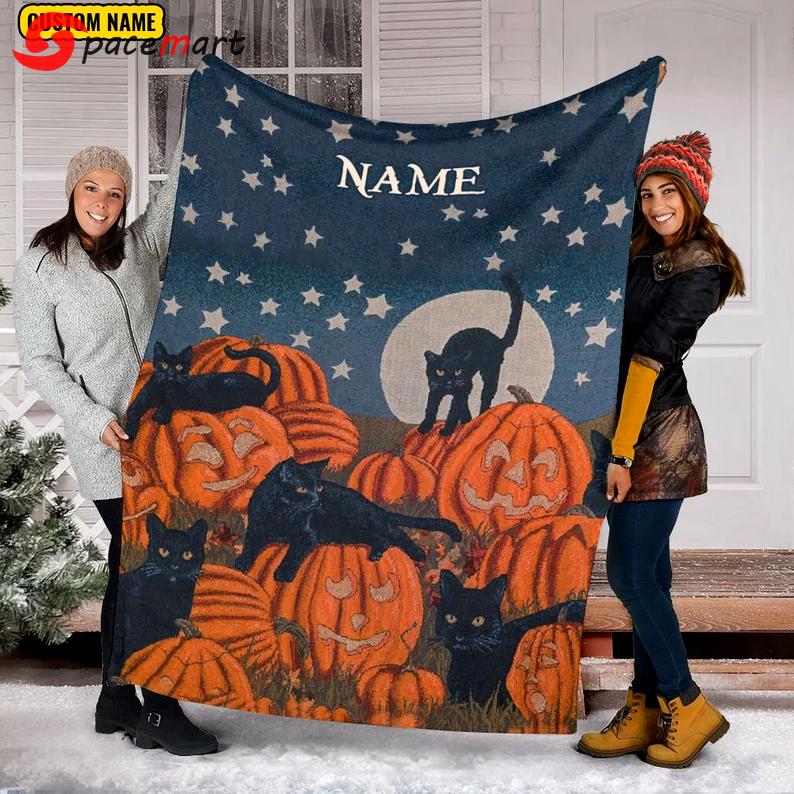 Halloween decorations black cat halloween fleece blanket, personalized name halloween blanket, cat black pumpkin halloween blanket, thanksgiving fall autumn gift Quilt Blanket