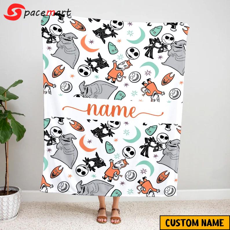 Halloween decorations custom jack skellington and sally fleece mink sherpa, halloween blanket, oogie boogie halloween blanekt, skull, the night before christmas Quilt Blanket