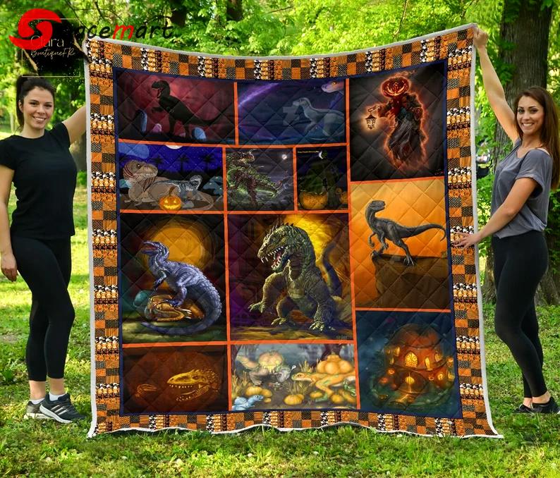 Halloween decorations dinosaur halloween fleece blanket, mink sherpa blanket, halloween blanket, dinosaur lover gift Quilt Blanket