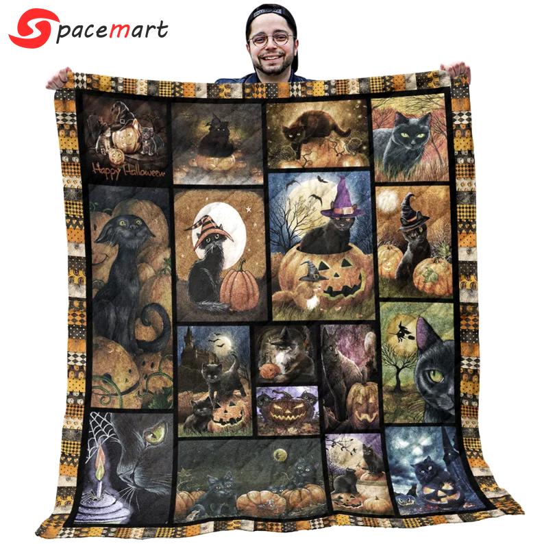 Halloween decorations halloween cat blanket - cat halloween happy vintage halloween quilt blanket - gifts for cat lovers Quilt Blanket