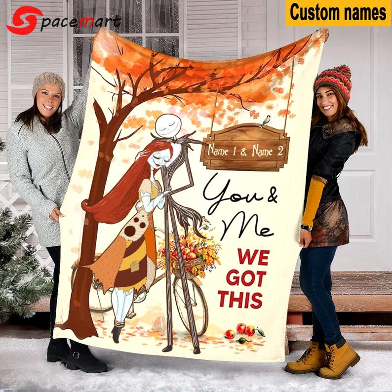Halloween decorations halloween jack skellington fall season blanket, personalized name jack and sally blanket, the nightmare halloween fleece mink sherpa blanket Quilt Blanket
