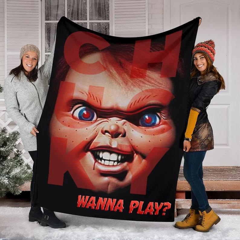 Halloween decorations horror characters chucky blanket, chucky doll blanket, halloween movies blanket, child's play movie, horror movie fleece mink sherpa blanket Quilt Blanket