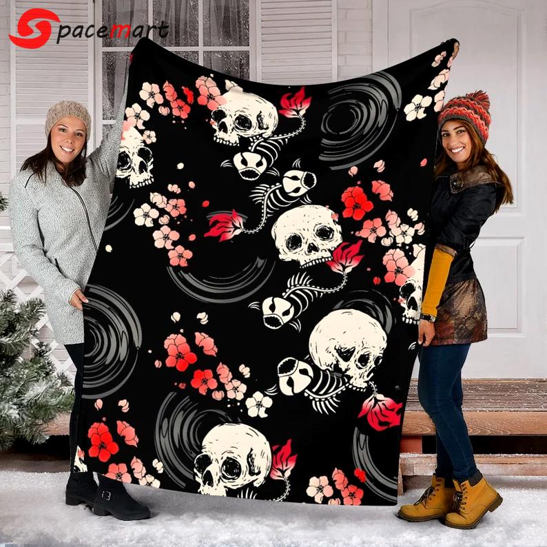 Halloween decorations skull halloween blanket, halloween movies blanket, floral halloween blanket, halloween fleece blanket, creepy halloween blanket, skeleton Quilt Blanket