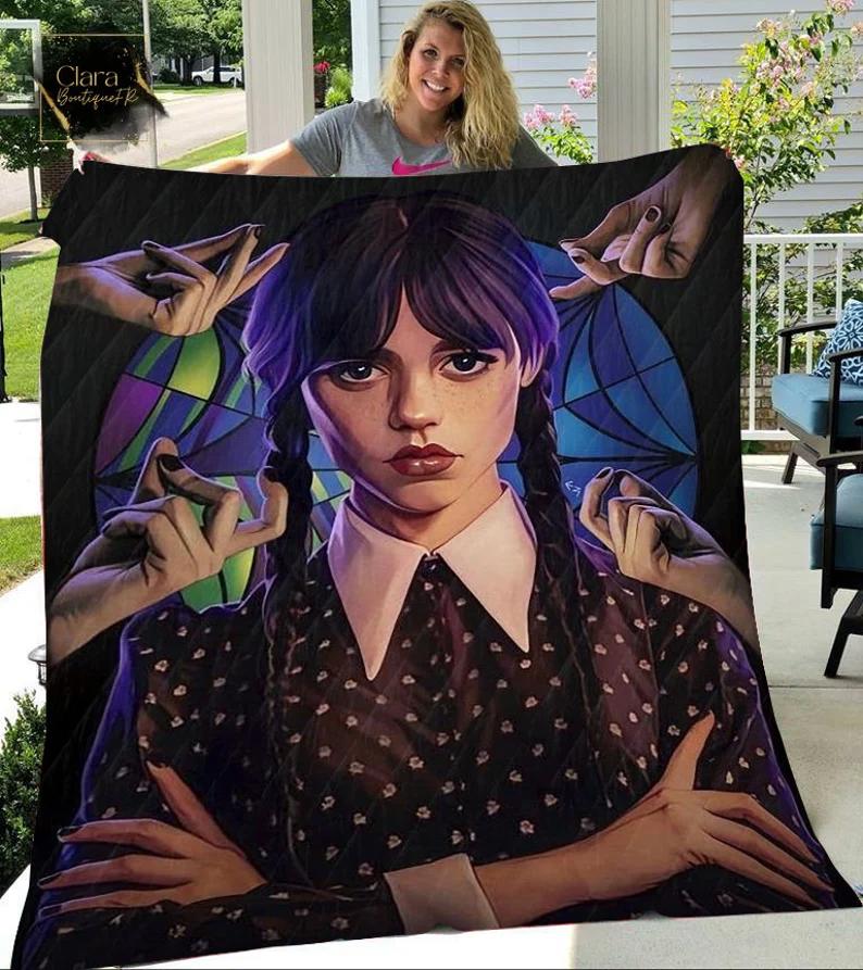 Halloween decorations wednesday addams jenna ortega halloween fleece blanket, mink sherpa blanket, wednesday addams quilt, trending quilt Quilt Blanket