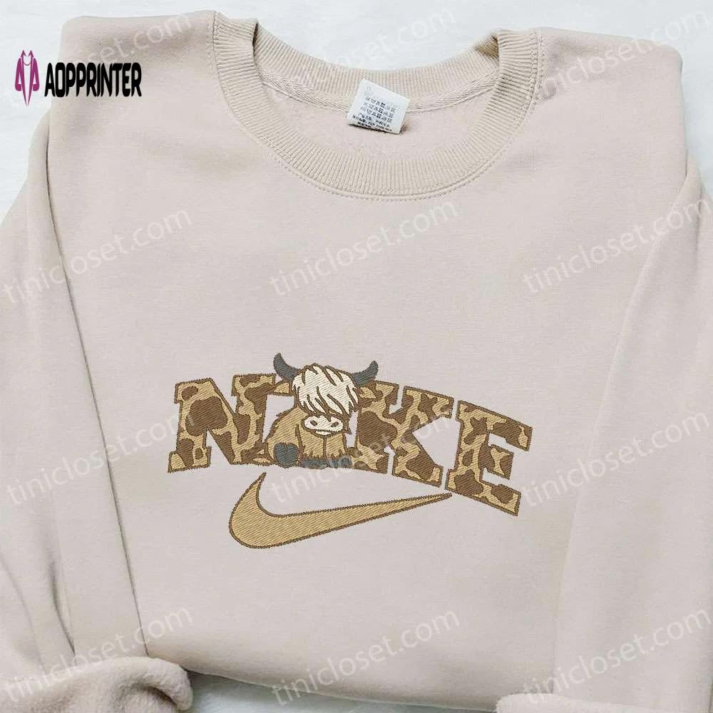 Highland cattle x nike animal embroidered shirt – unique nike inspired gift for family Embroidered Shirt