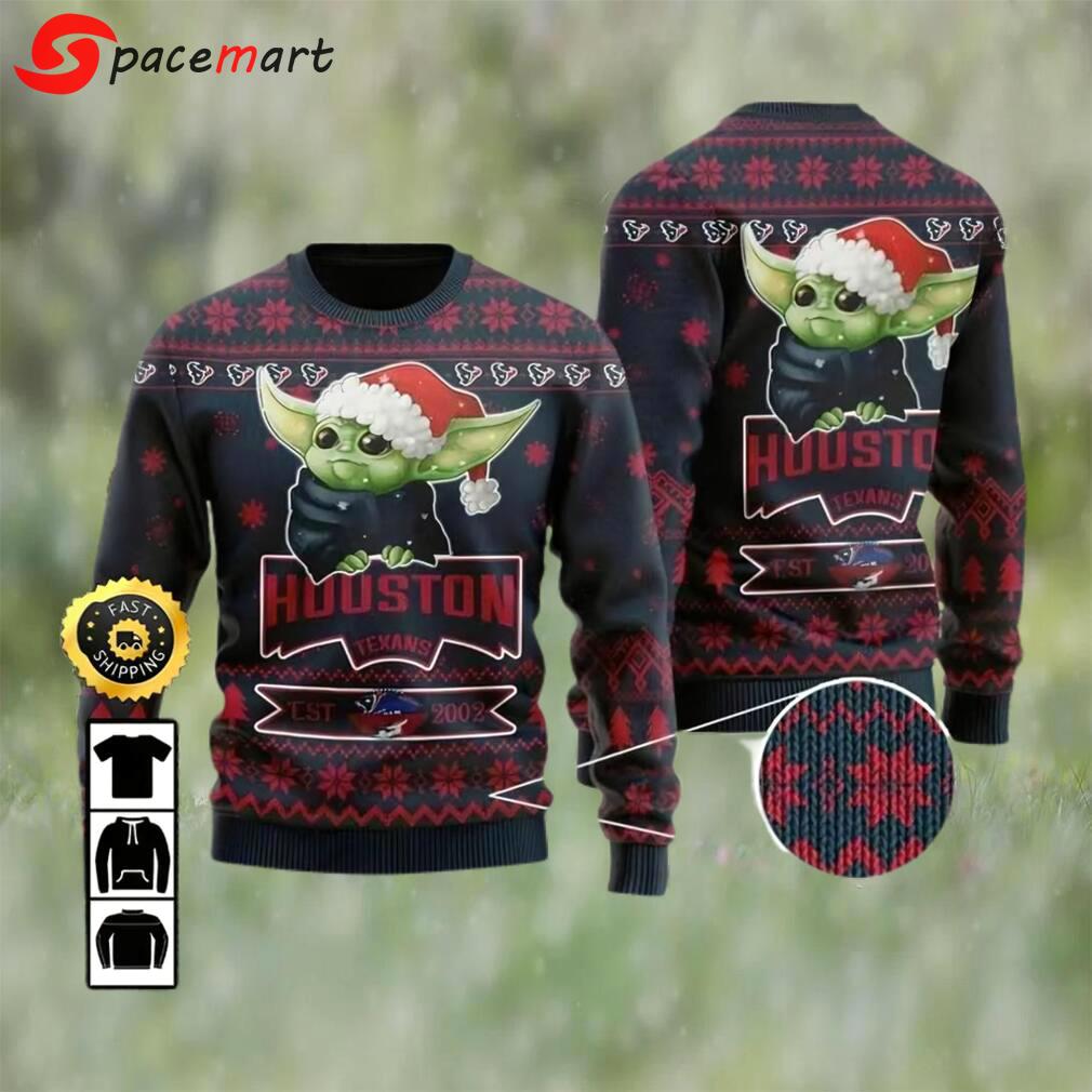 Houston texans est 2002 baby yoda ugly christmas sweater, faux wool sweater, national football league, gifts for fans football nfl, football 3d ugly sweater ? prinvity Christmas Ugly Sweater