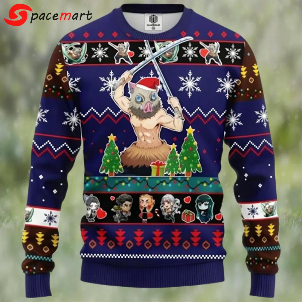Inosuke hashibira blue demon slayer chibi demon slayer ugly christmas sweater Christmas Ugly Sweater