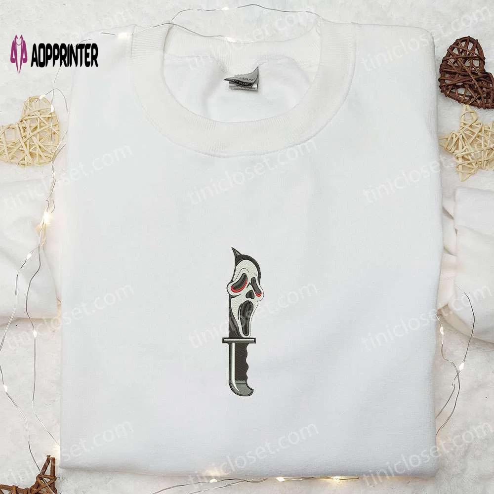 Knife ghost face embroidered hoodie – horror characters sweatshirt: perfect halloween gift! Embroidered Shirt