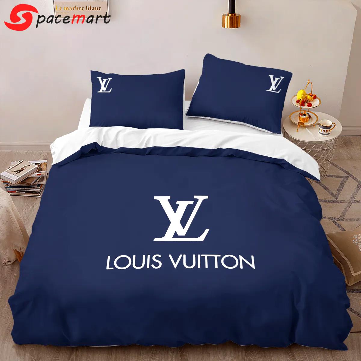 Louis vuitton blue logo limited edition luxury brand high-end bedding sets lv, bedroom decor , thanksgiving decorations for home best luxury bed sets gift thankgivings and christmas Bedding Sets