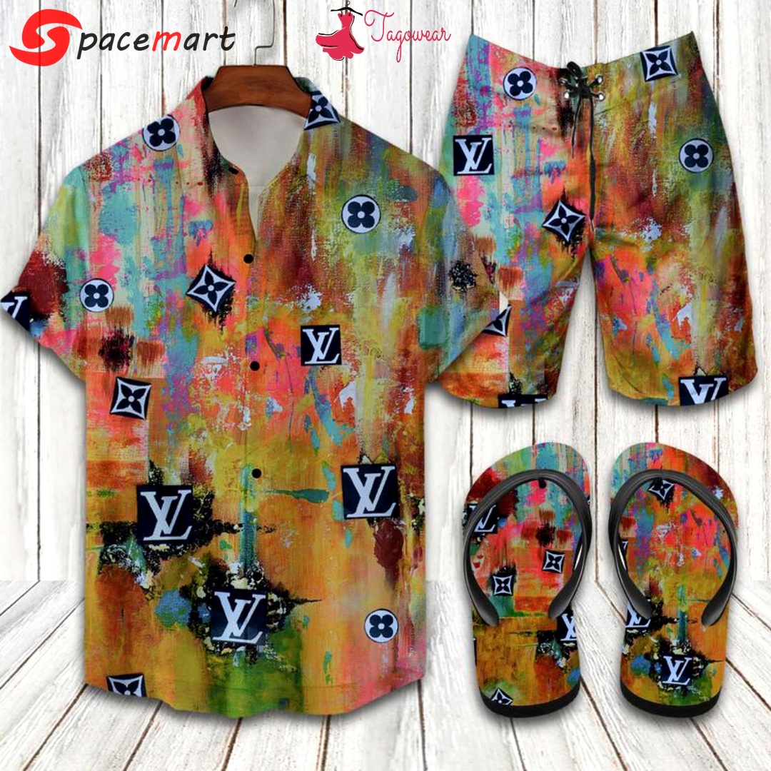 Louis vuitton flip flops and combo hawaiian shirt, beach shorts luxury summer clothes style #293 Hawaii Shirt Shorts & Flip Flops