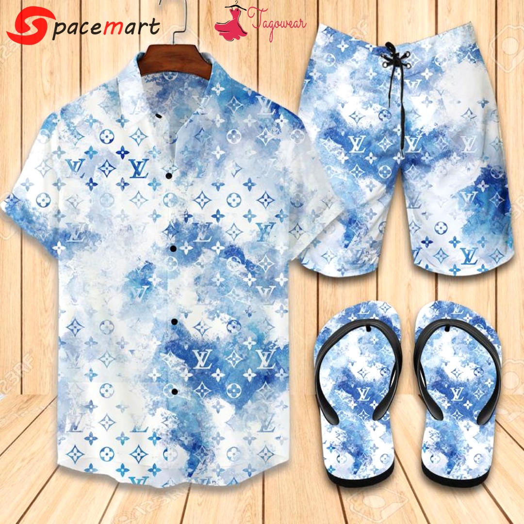 Louis vuitton flip flops and combo hawaiian shirt, beach shorts luxury summer clothes style #311 Hawaii Shirt Shorts & Flip Flops