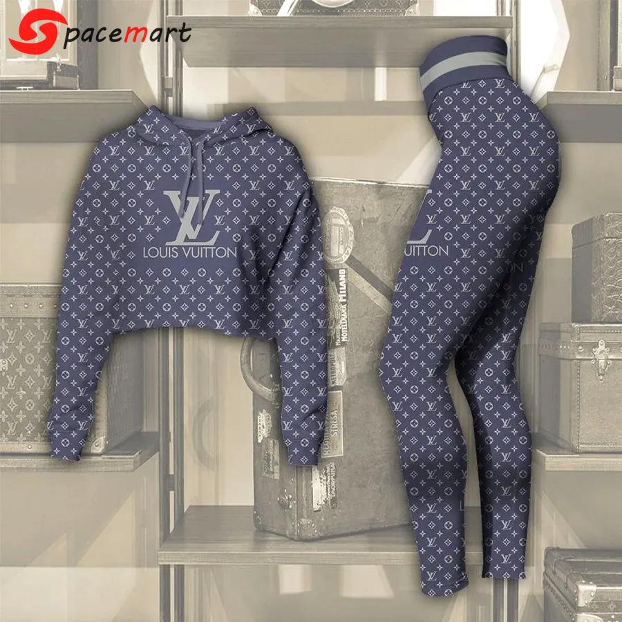 Louis vuitton royal blue luxury brand clothes premium leggings and crop top set for women Croptop Hoodie Legging Set