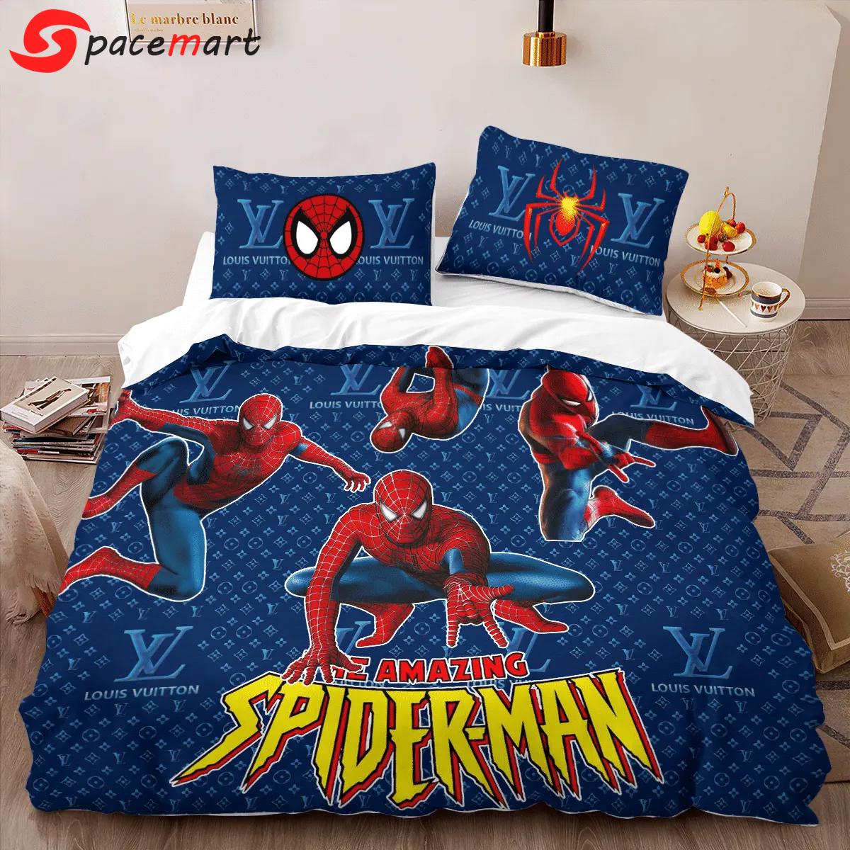 Louis vuitton spider man blue logo luxury brand high-end bedding sets lv, bedroom decor , thanksgiving decorations for home best luxury bed sets gift thankgivings and christmas Bedding Sets