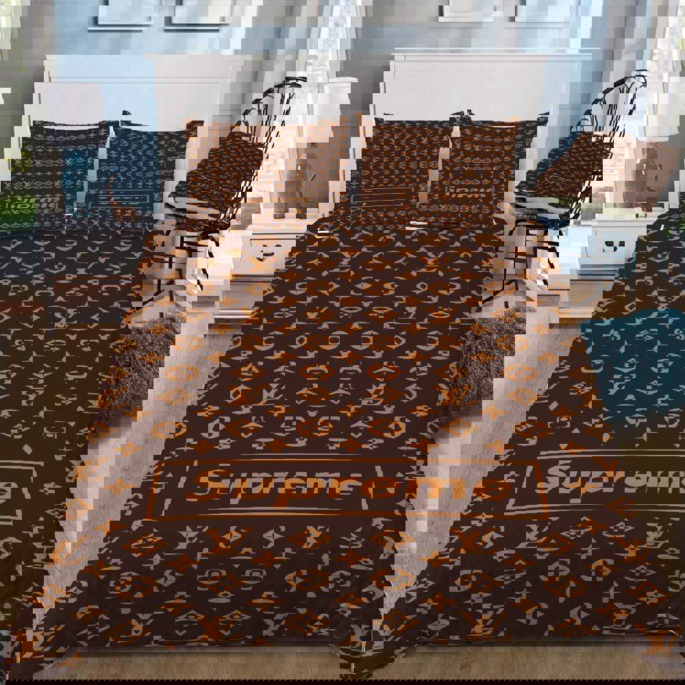 Louis vuitton supreme brown luxury brand logo premium bedding sets,bed sets, bedroom sets, comforter sets, duvet cover, bedspread Bedding Sets