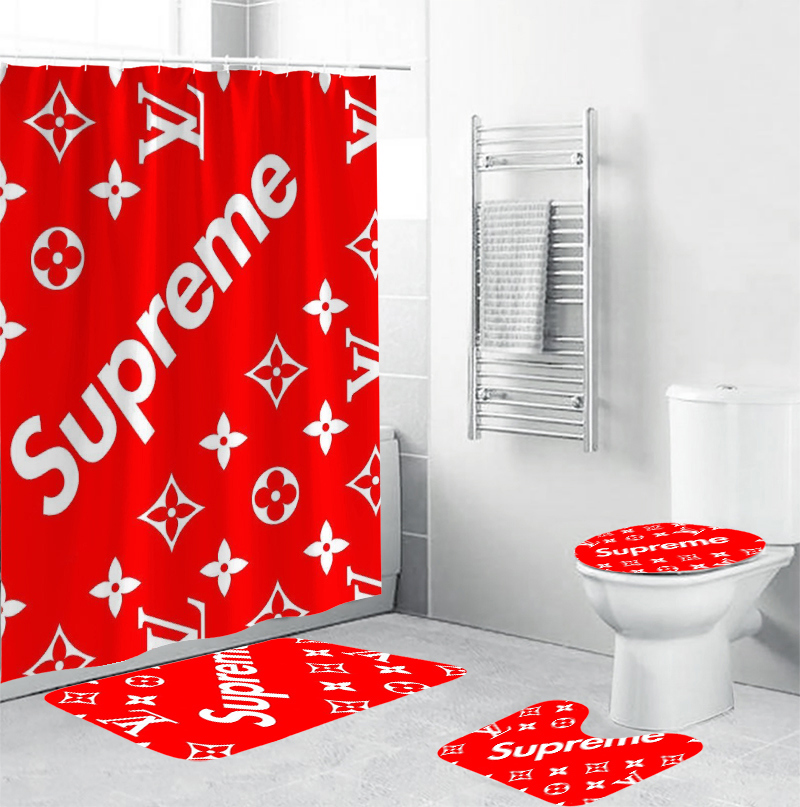 Louis vuitton supreme red bathroom set hypebeast luxury fashion brand bath mat home decor Bathroom Set