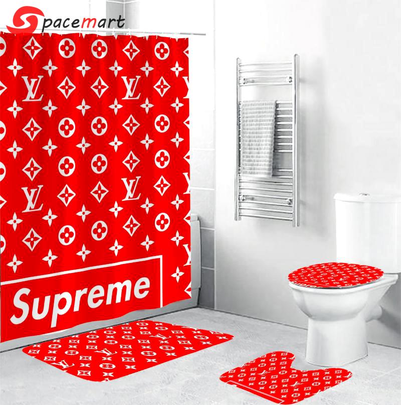 Louis vuitton supreme red luxury fashion brand bathroom sets bath mat hypebeast home decor Bathroom Set